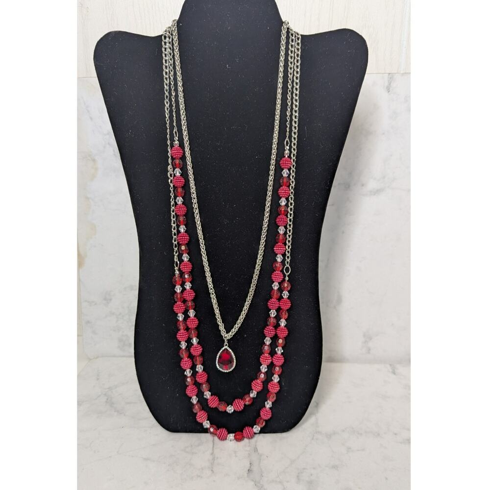 C 1946 multiple strand red clear and silver beaded statement necklace